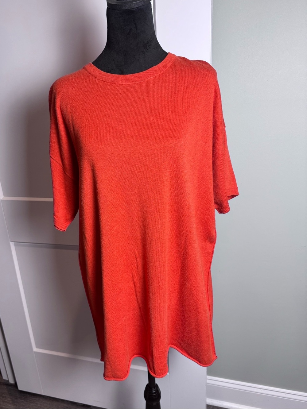 Eileen Fisher Orange Knit round neck Short Sleeve tunic Top organic cotton
